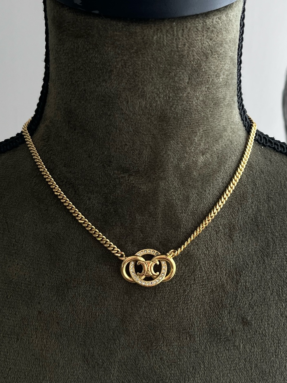 Authentic Vintage Celine Classic Logo Monogram Rhinestone Gold Chain necklace